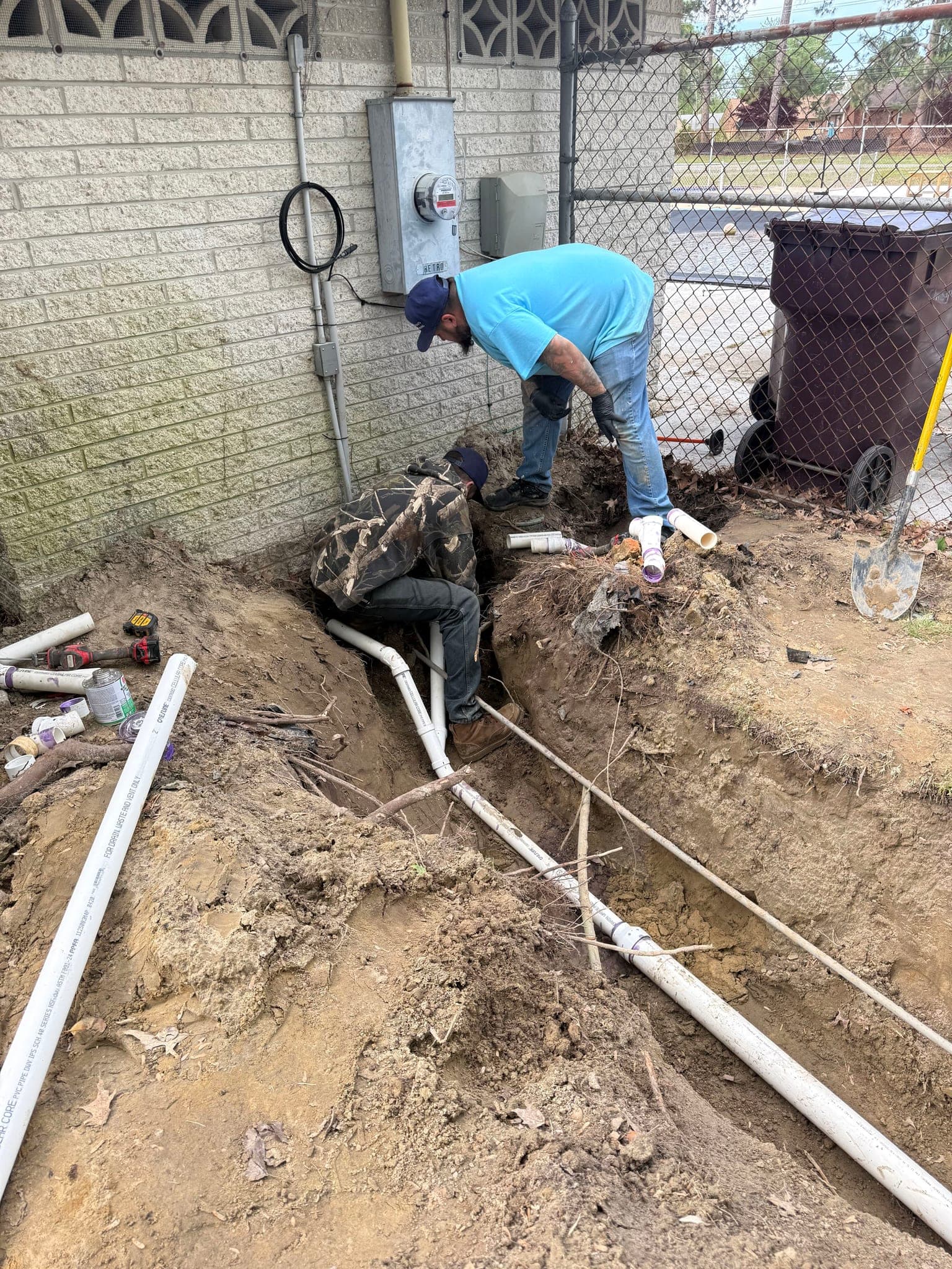 New PVC sewer line laid in an open trench replacing failed pipe in Portsmouth VA — Newman's Plumbing Service & Repair