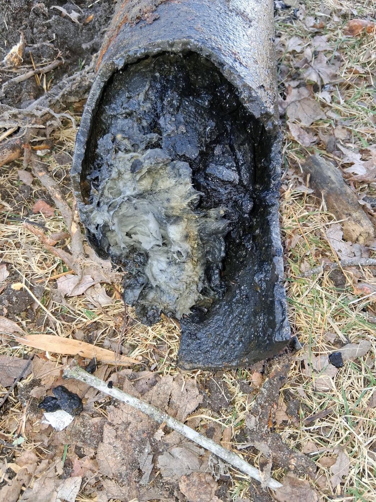 Sewer pipe removed after root damage and clogging, repaired by Newman's Plumbing in Portsmouth, VA
