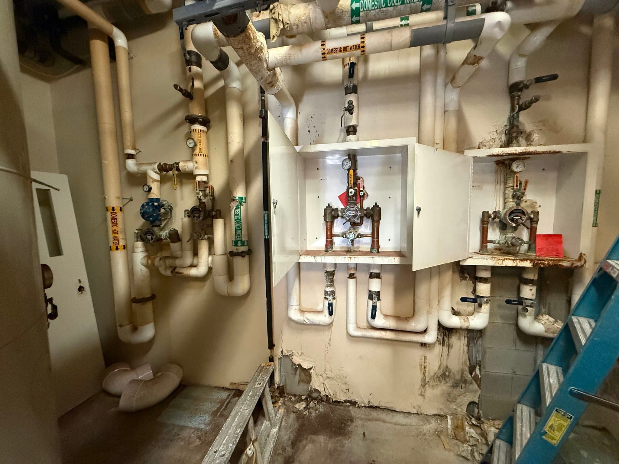 Commercial mechanical room with backflow preventers and domestic water mains maintained by Newman's Plumbing in Portsmouth, VA
