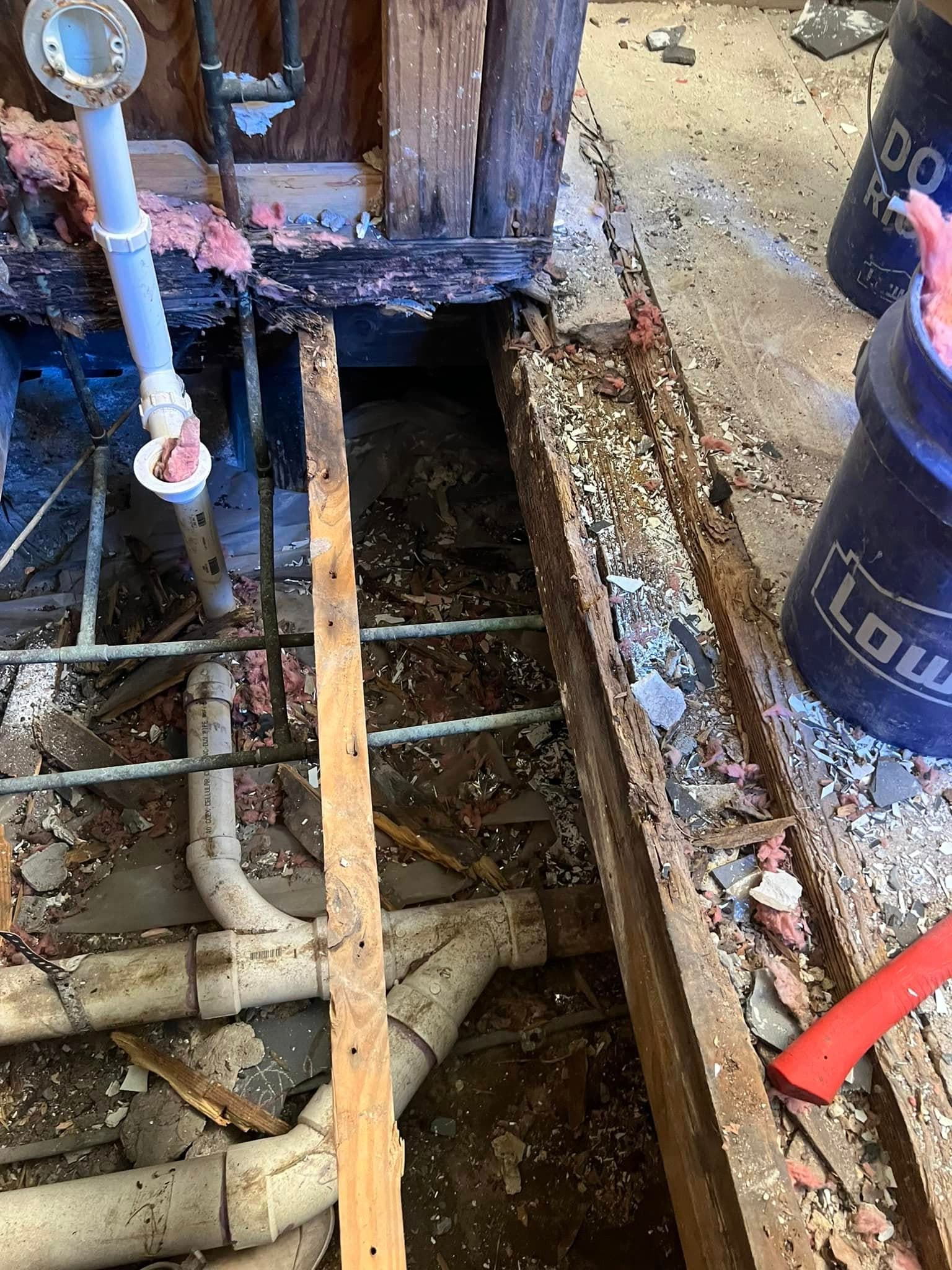 Water-damaged subfloor found during a leak detection job in Portsmouth, VA